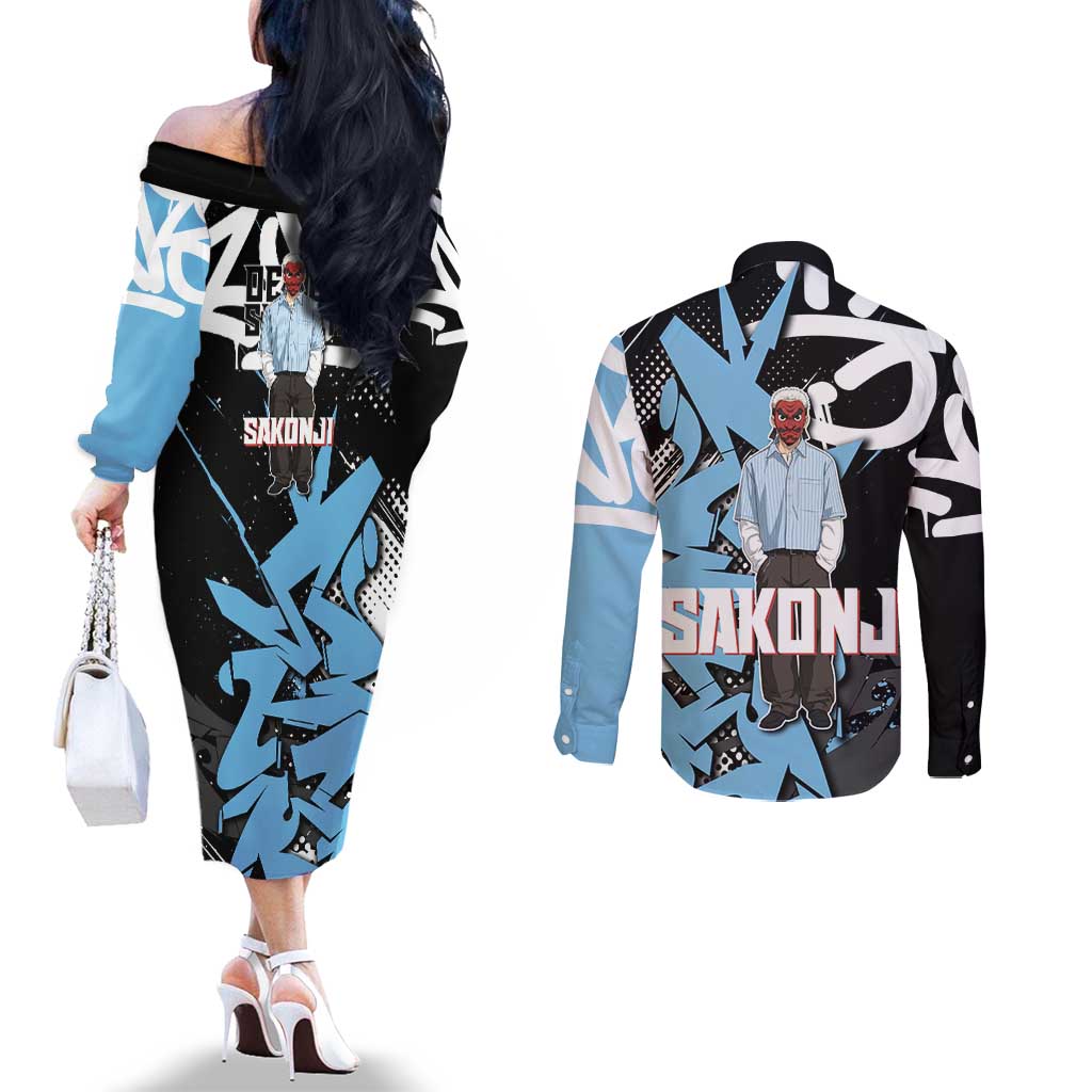 Sakonji Demon Slayer Couples Matching Off The Shoulder Long Sleeve Dress and Long Sleeve Button Shirt Blue Graffiti Anime Style