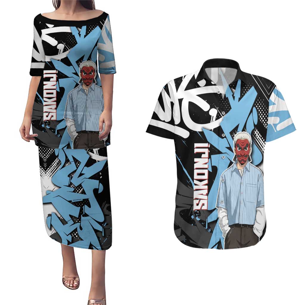 Sakonji Demon Slayer Couples Matching Puletasi and Hawaiian Shirt Blue Graffiti Anime Style