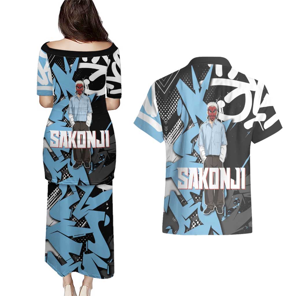 Sakonji Demon Slayer Couples Matching Puletasi and Hawaiian Shirt Blue Graffiti Anime Style