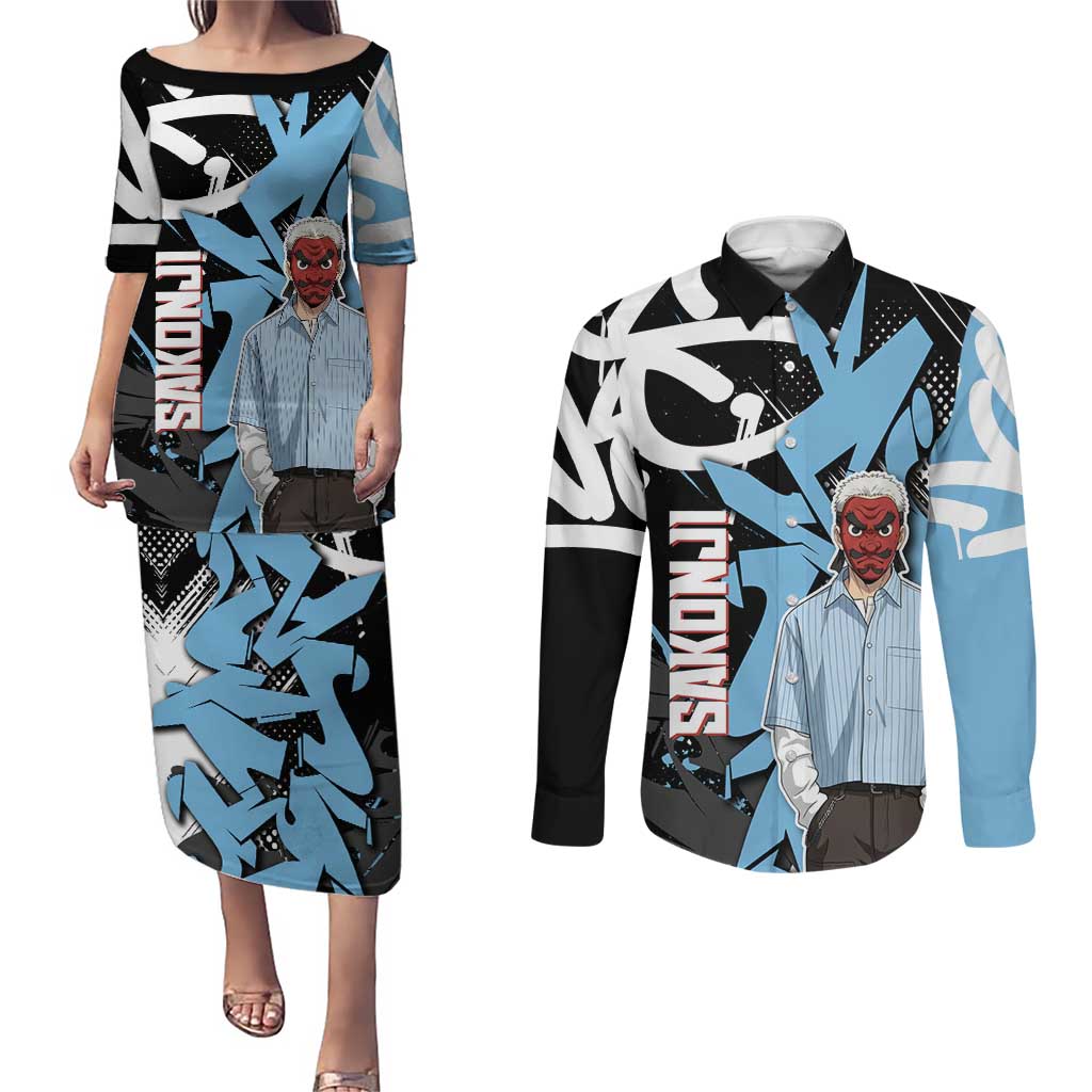 Sakonji Demon Slayer Couples Matching Puletasi and Long Sleeve Button Shirt Blue Graffiti Anime Style