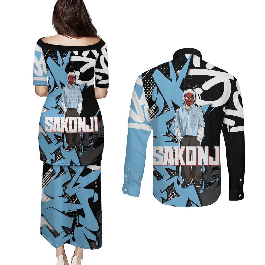 Sakonji Demon Slayer Couples Matching Puletasi and Long Sleeve Button Shirt Blue Graffiti Anime Style