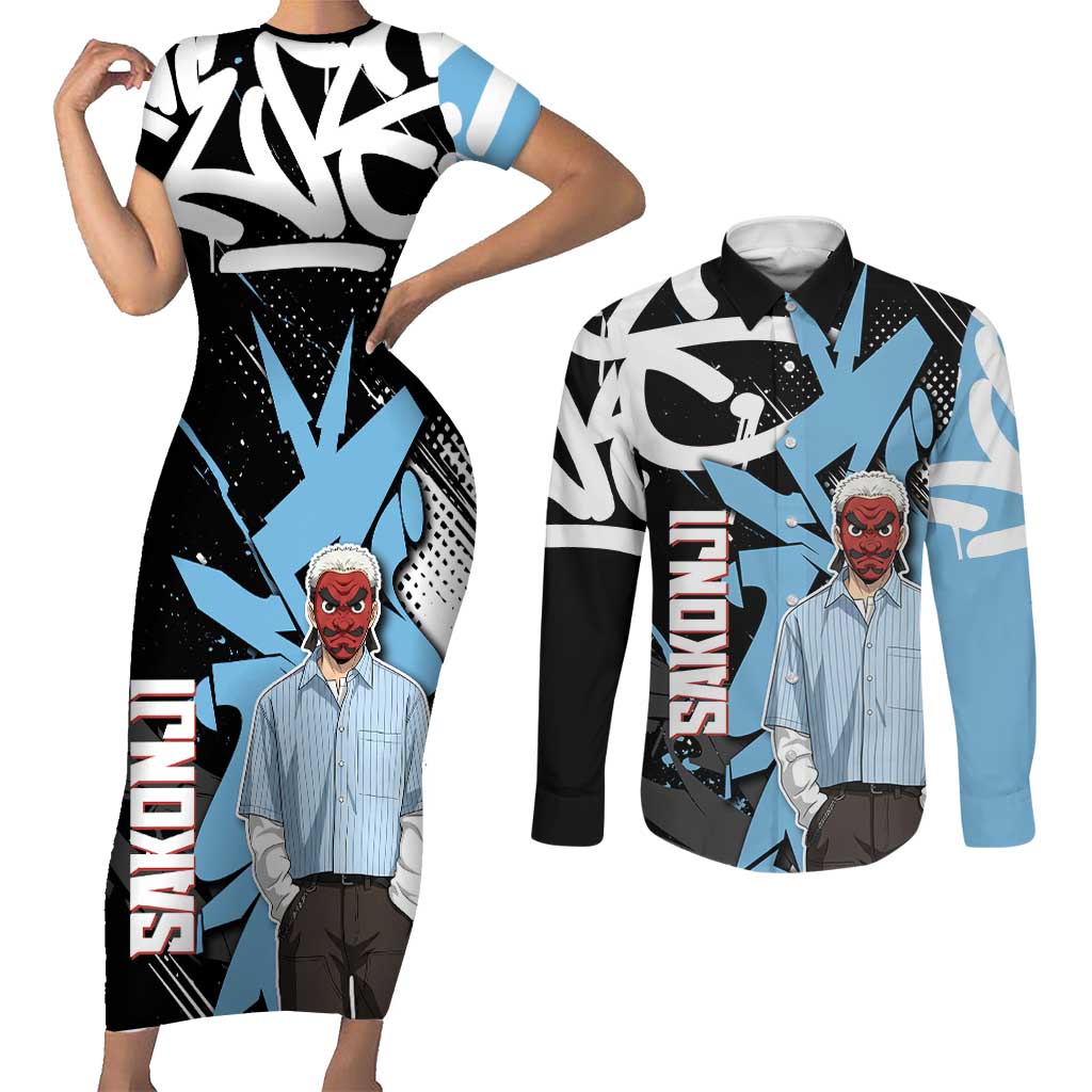 Sakonji Demon Slayer Couples Matching Short Sleeve Bodycon Dress and Long Sleeve Button Shirt Blue Graffiti Anime Style