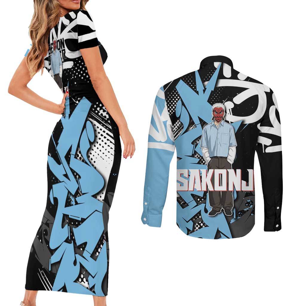 Sakonji Demon Slayer Couples Matching Short Sleeve Bodycon Dress and Long Sleeve Button Shirt Blue Graffiti Anime Style