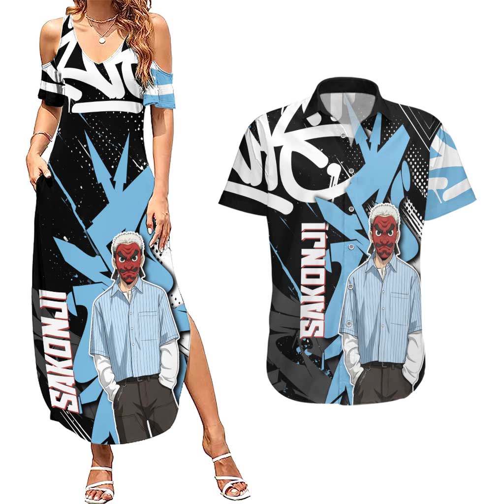 Sakonji Demon Slayer Couples Matching Summer Maxi Dress and Hawaiian Shirt Blue Graffiti Anime Style