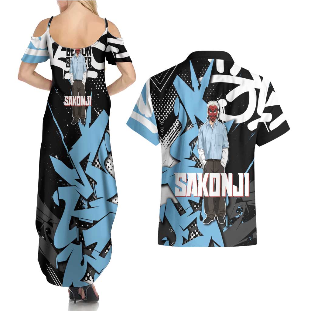 Sakonji Demon Slayer Couples Matching Summer Maxi Dress and Hawaiian Shirt Blue Graffiti Anime Style