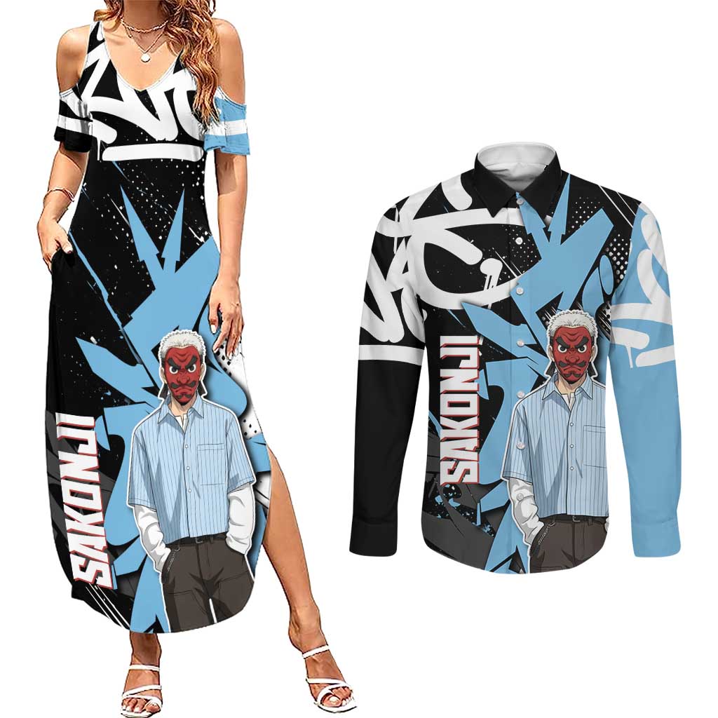 Sakonji Demon Slayer Couples Matching Summer Maxi Dress and Long Sleeve Button Shirt Blue Graffiti Anime Style