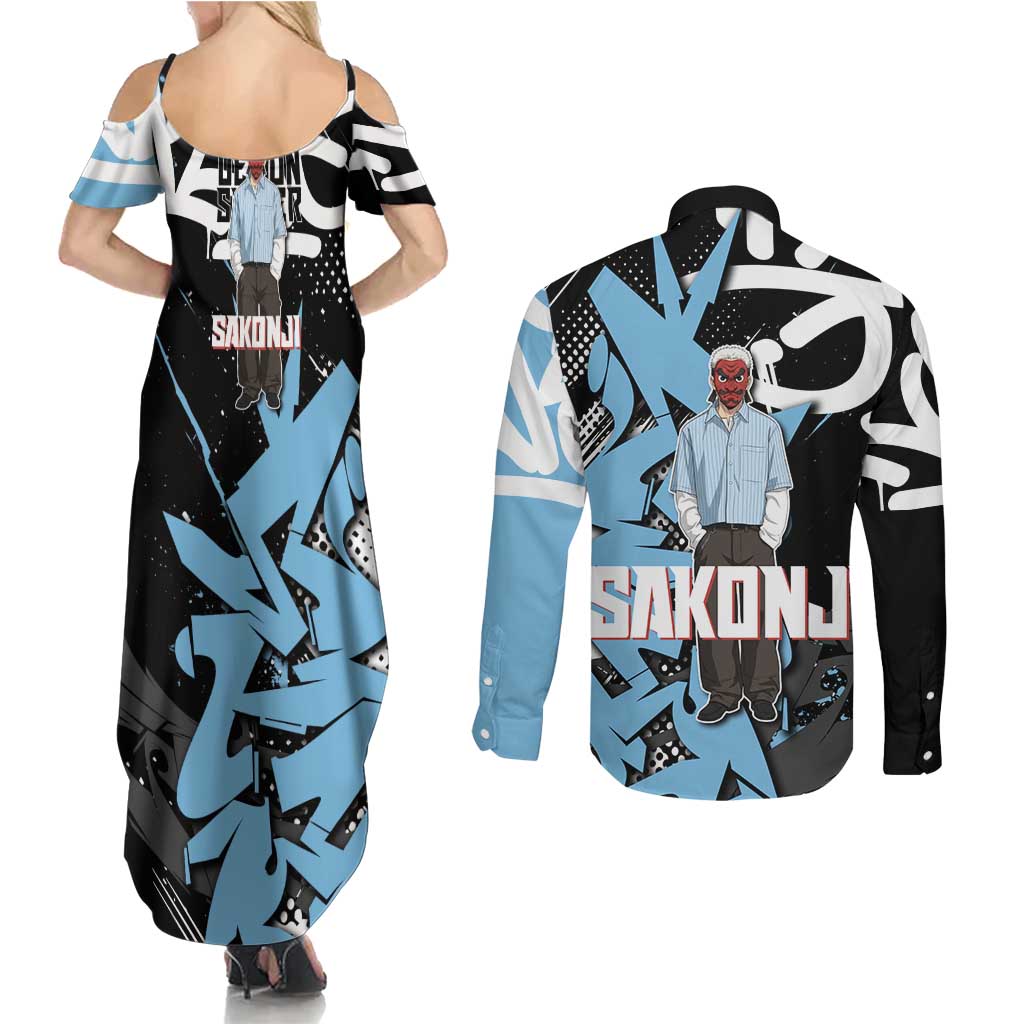 Sakonji Demon Slayer Couples Matching Summer Maxi Dress and Long Sleeve Button Shirt Blue Graffiti Anime Style
