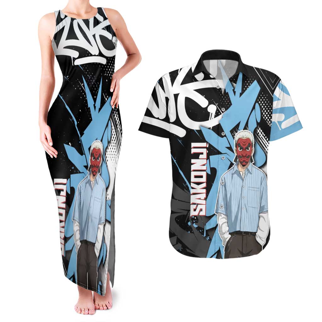 Sakonji Demon Slayer Couples Matching Tank Maxi Dress and Hawaiian Shirt Blue Graffiti Anime Style