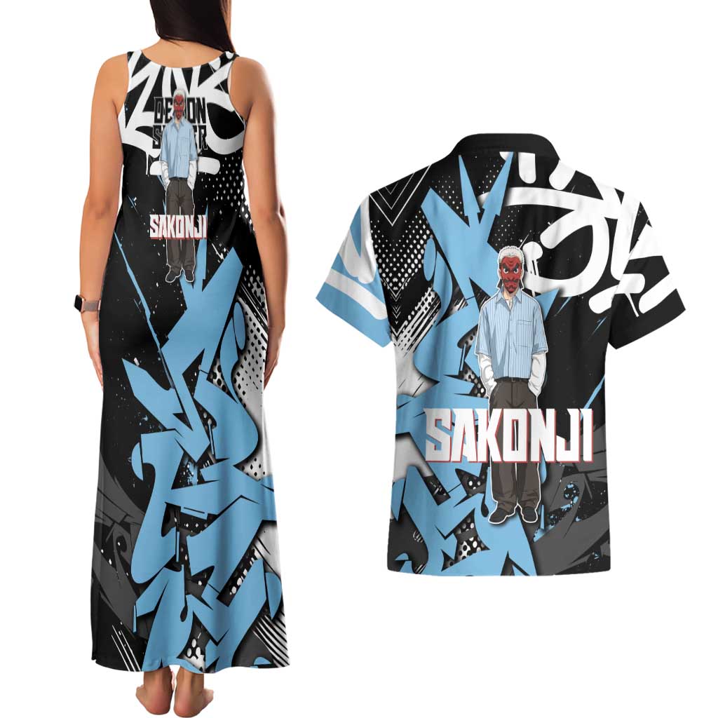 Sakonji Demon Slayer Couples Matching Tank Maxi Dress and Hawaiian Shirt Blue Graffiti Anime Style
