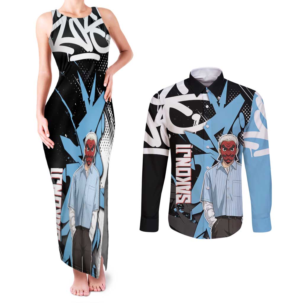 Sakonji Demon Slayer Couples Matching Tank Maxi Dress and Long Sleeve Button Shirt Blue Graffiti Anime Style