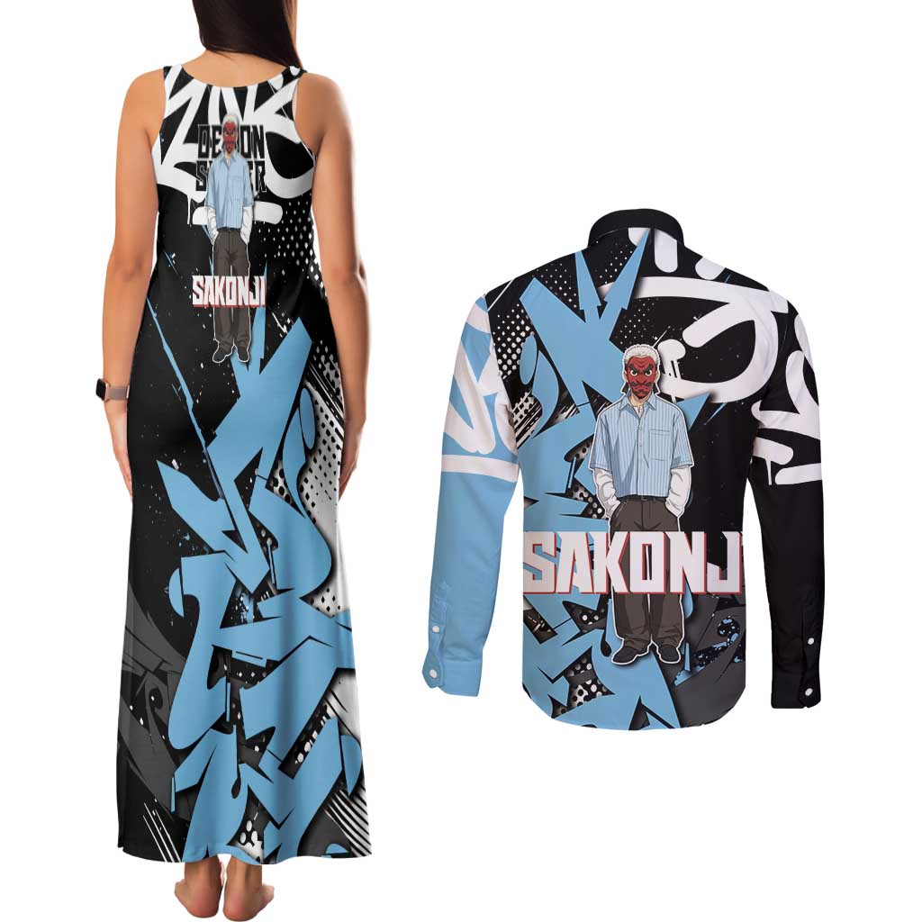 Sakonji Demon Slayer Couples Matching Tank Maxi Dress and Long Sleeve Button Shirt Blue Graffiti Anime Style