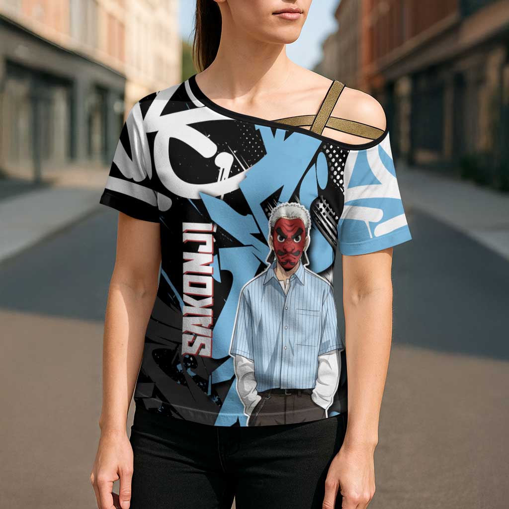 Sakonji Demon Slayer Cross Shoulder Shirt Blue Graffiti Anime Style