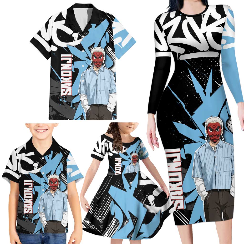 Sakonji Demon Slayer Family Matching Long Sleeve Bodycon Dress and Hawaiian Shirt Blue Graffiti Anime Style