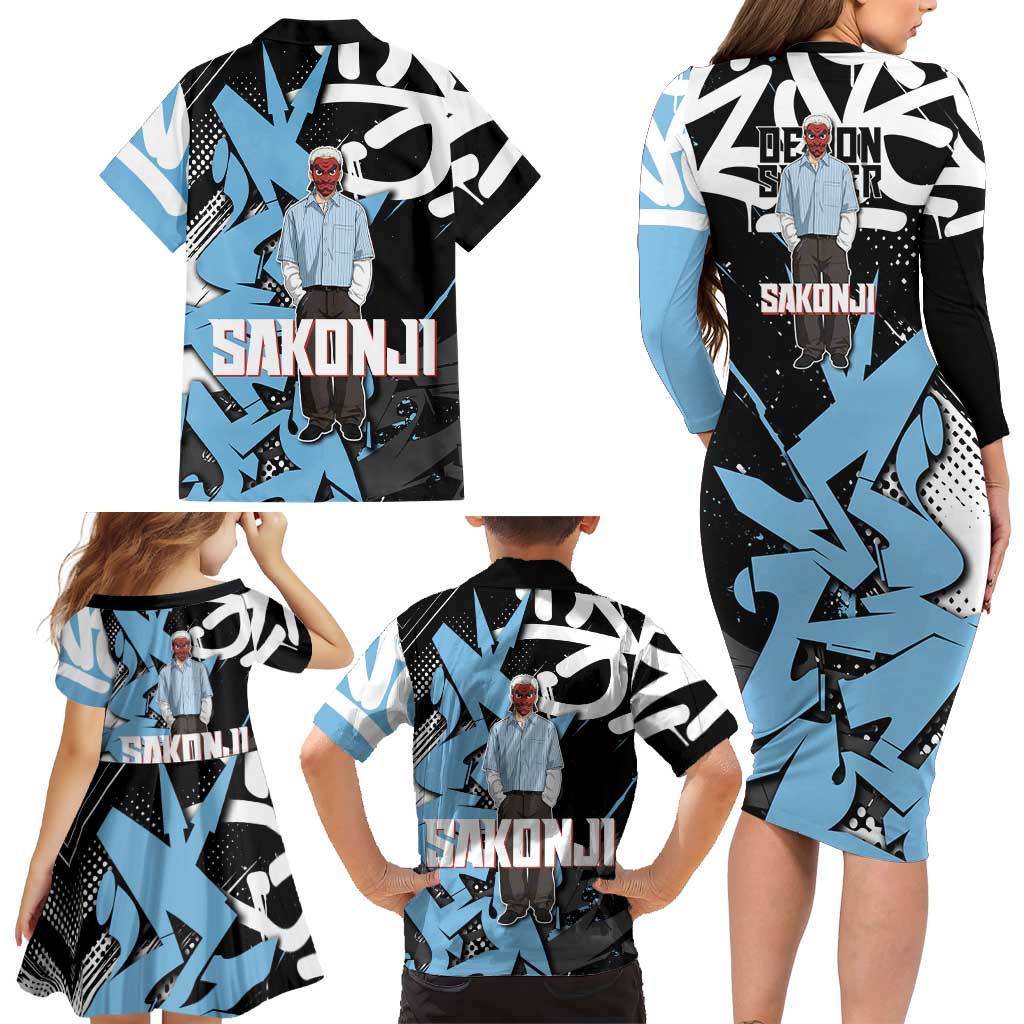 Sakonji Demon Slayer Family Matching Long Sleeve Bodycon Dress and Hawaiian Shirt Blue Graffiti Anime Style