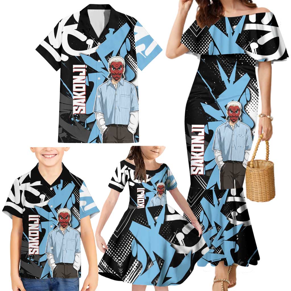 Sakonji Demon Slayer Family Matching Mermaid Dress and Hawaiian Shirt Blue Graffiti Anime Style