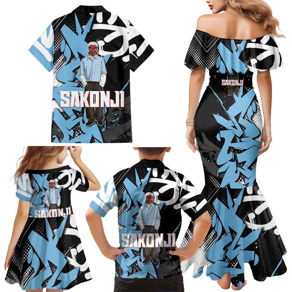 Sakonji Demon Slayer Family Matching Mermaid Dress and Hawaiian Shirt Blue Graffiti Anime Style