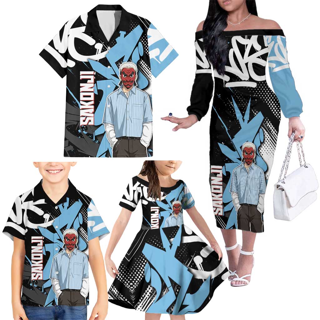 Sakonji Demon Slayer Family Matching Off The Shoulder Long Sleeve Dress and Hawaiian Shirt Blue Graffiti Anime Style
