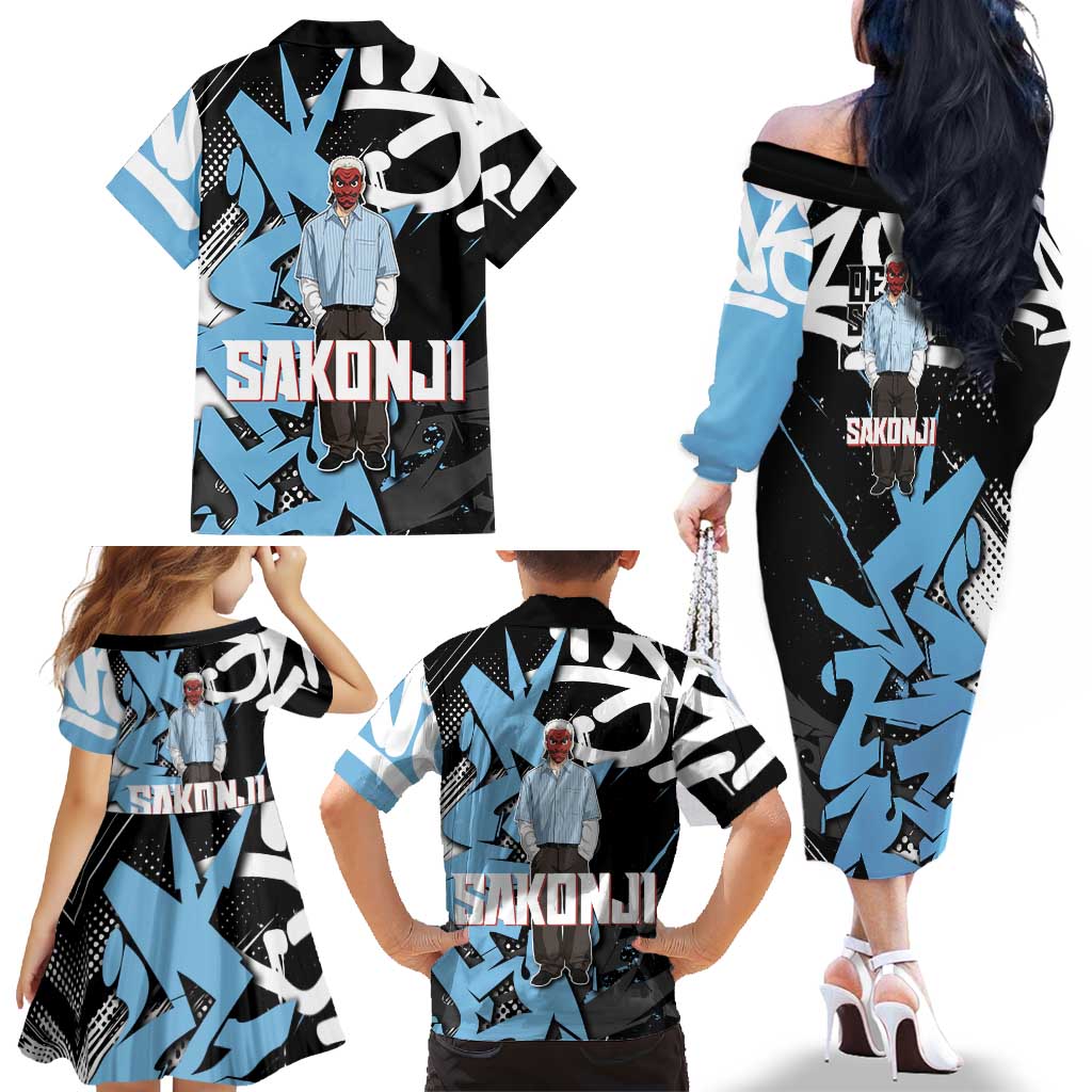 Sakonji Demon Slayer Family Matching Off The Shoulder Long Sleeve Dress and Hawaiian Shirt Blue Graffiti Anime Style