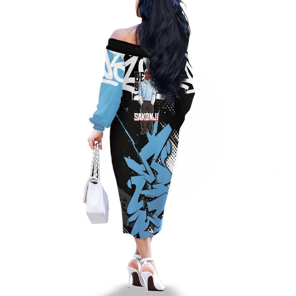 Sakonji Demon Slayer Family Matching Off The Shoulder Long Sleeve Dress and Hawaiian Shirt Blue Graffiti Anime Style