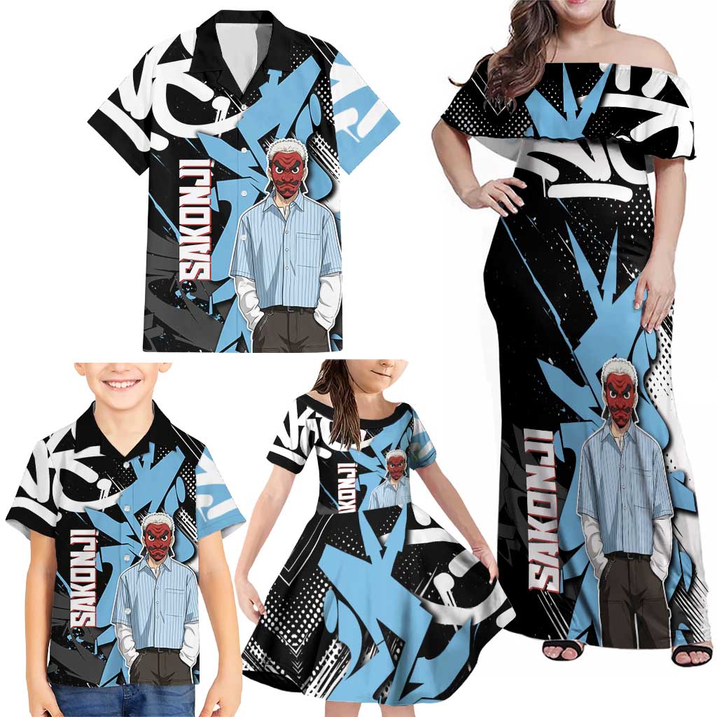 Sakonji Demon Slayer Family Matching Off Shoulder Maxi Dress and Hawaiian Shirt Blue Graffiti Anime Style
