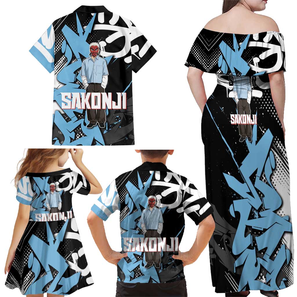 Sakonji Demon Slayer Family Matching Off Shoulder Maxi Dress and Hawaiian Shirt Blue Graffiti Anime Style
