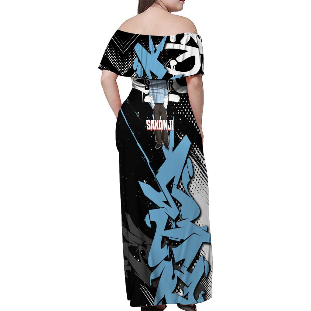 Sakonji Demon Slayer Family Matching Off Shoulder Maxi Dress and Hawaiian Shirt Blue Graffiti Anime Style