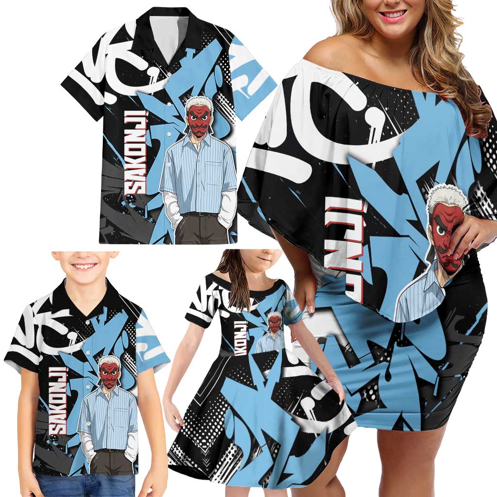 Sakonji Demon Slayer Family Matching Off Shoulder Short Dress and Hawaiian Shirt Blue Graffiti Anime Style