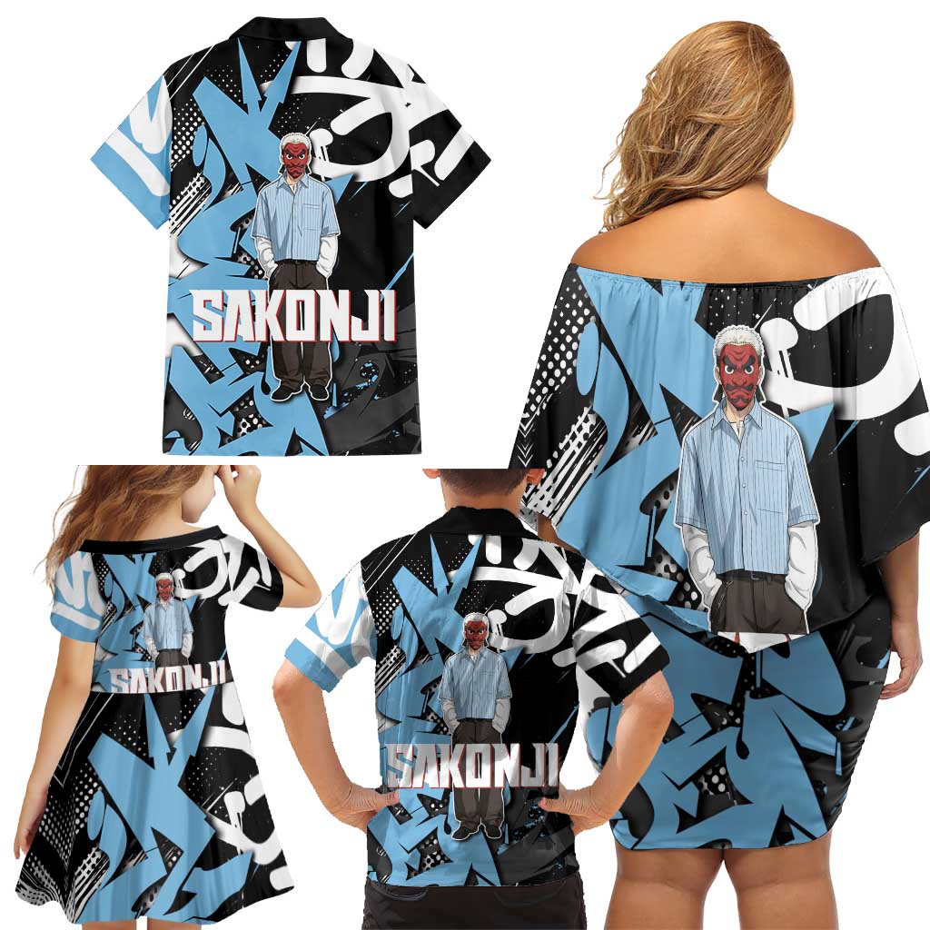 Sakonji Demon Slayer Family Matching Off Shoulder Short Dress and Hawaiian Shirt Blue Graffiti Anime Style