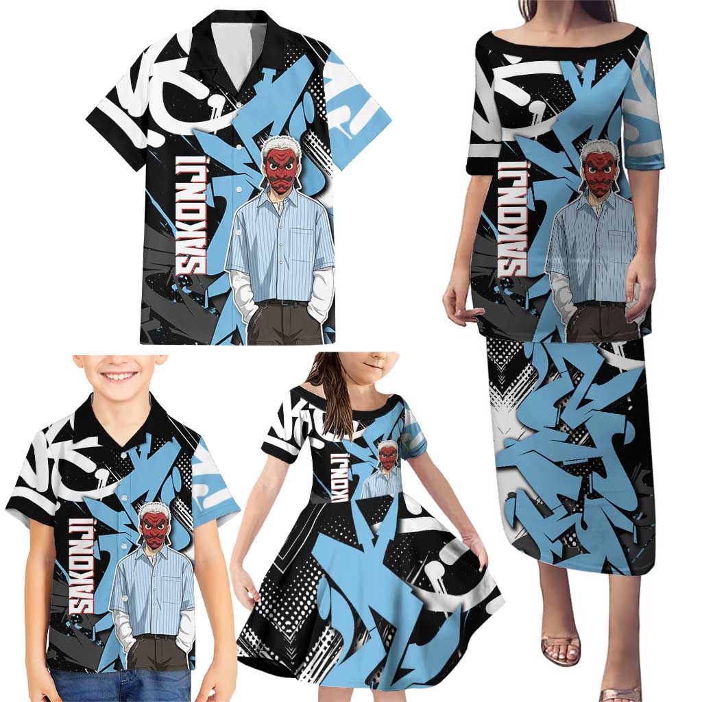 Sakonji Demon Slayer Family Matching Puletasi and Hawaiian Shirt Blue Graffiti Anime Style