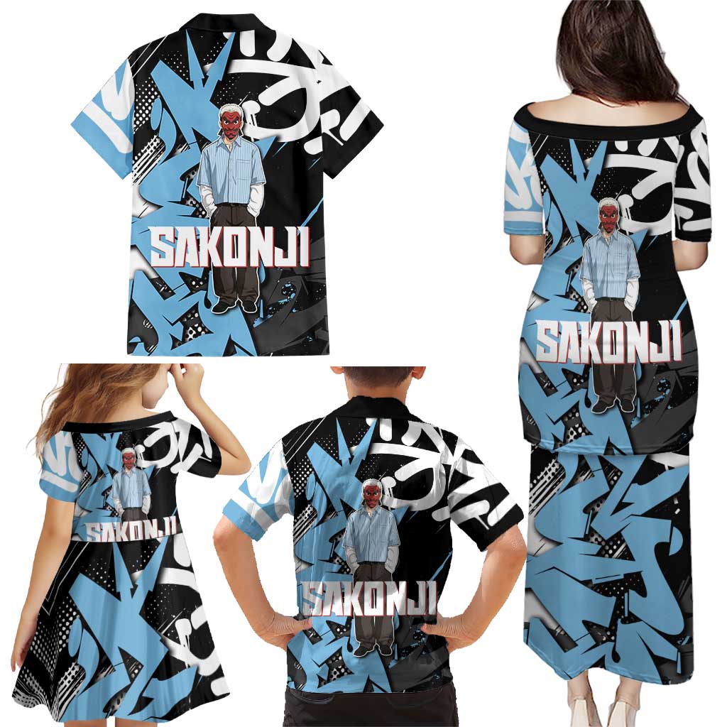 Sakonji Demon Slayer Family Matching Puletasi and Hawaiian Shirt Blue Graffiti Anime Style