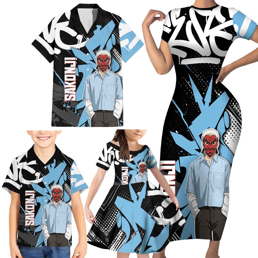 Sakonji Demon Slayer Family Matching Short Sleeve Bodycon Dress and Hawaiian Shirt Blue Graffiti Anime Style