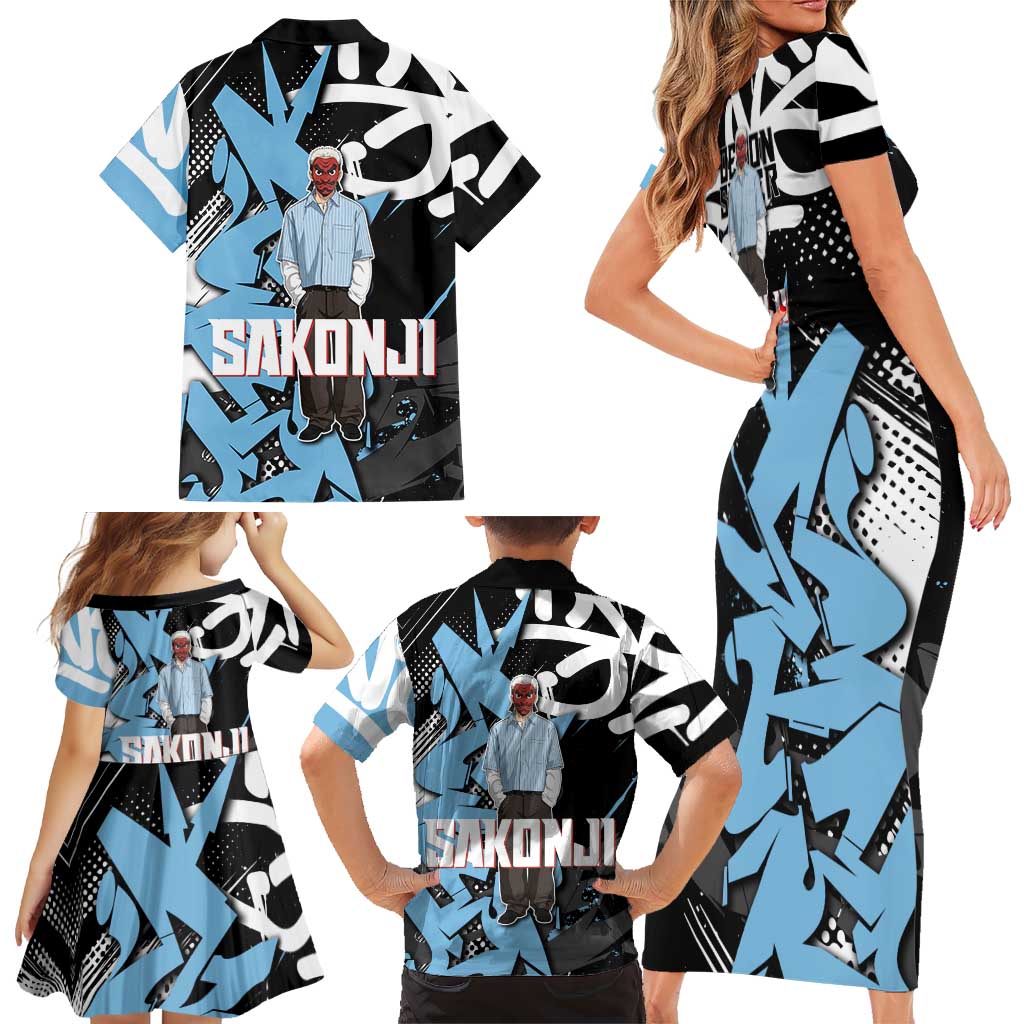 Sakonji Demon Slayer Family Matching Short Sleeve Bodycon Dress and Hawaiian Shirt Blue Graffiti Anime Style