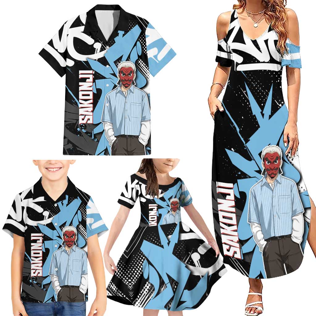 Sakonji Demon Slayer Family Matching Summer Maxi Dress and Hawaiian Shirt Blue Graffiti Anime Style