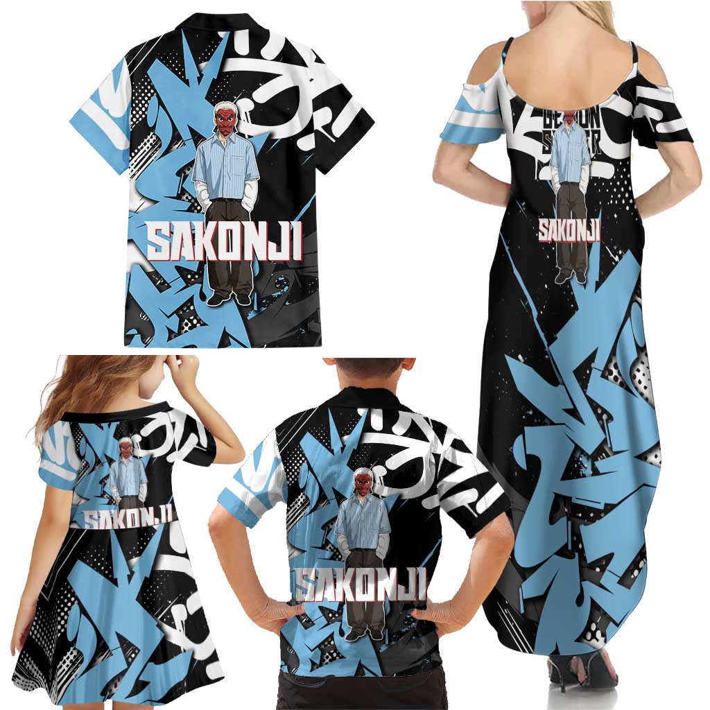 Sakonji Demon Slayer Family Matching Summer Maxi Dress and Hawaiian Shirt Blue Graffiti Anime Style