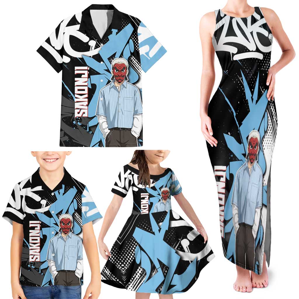 Sakonji Demon Slayer Family Matching Tank Maxi Dress and Hawaiian Shirt Blue Graffiti Anime Style