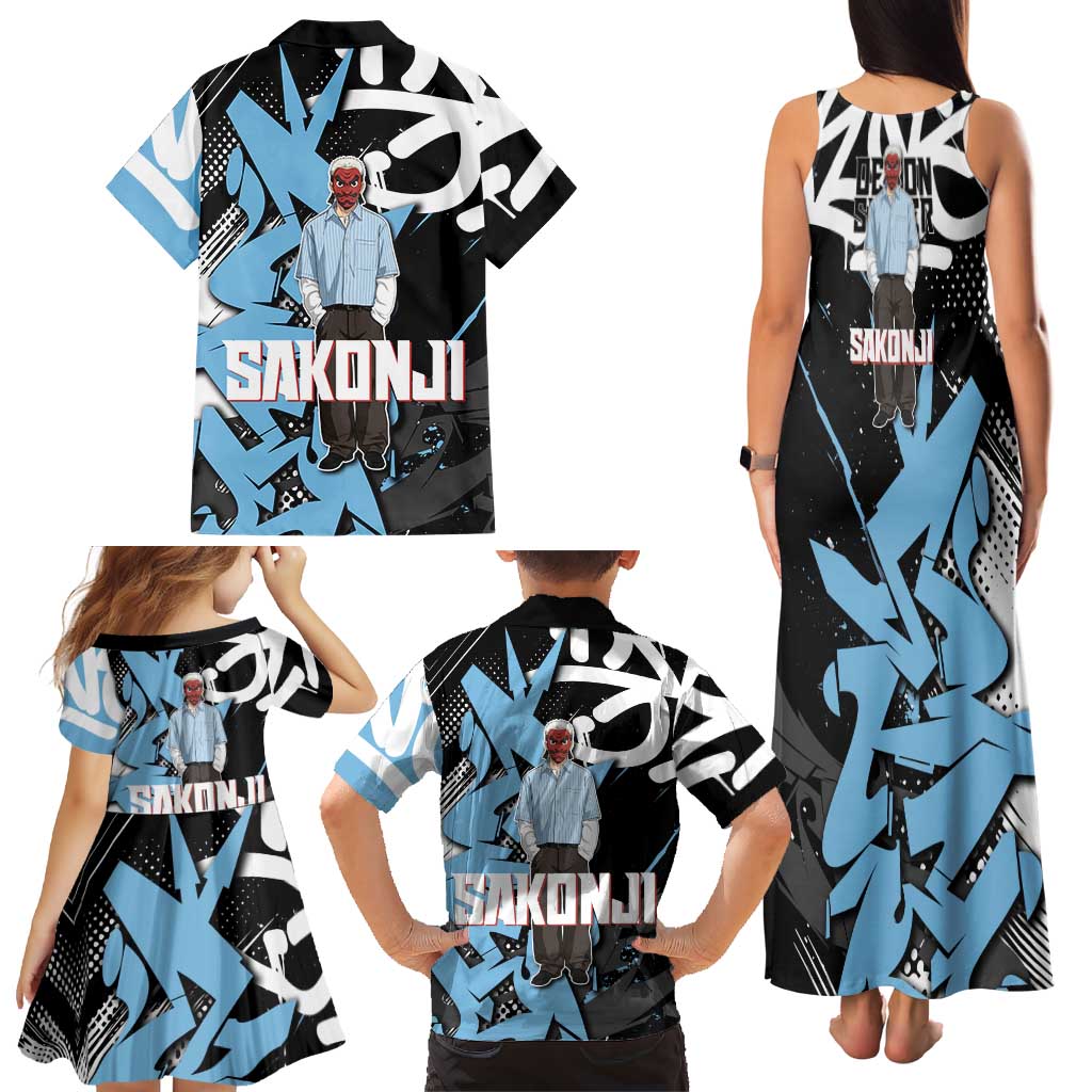 Sakonji Demon Slayer Family Matching Tank Maxi Dress and Hawaiian Shirt Blue Graffiti Anime Style