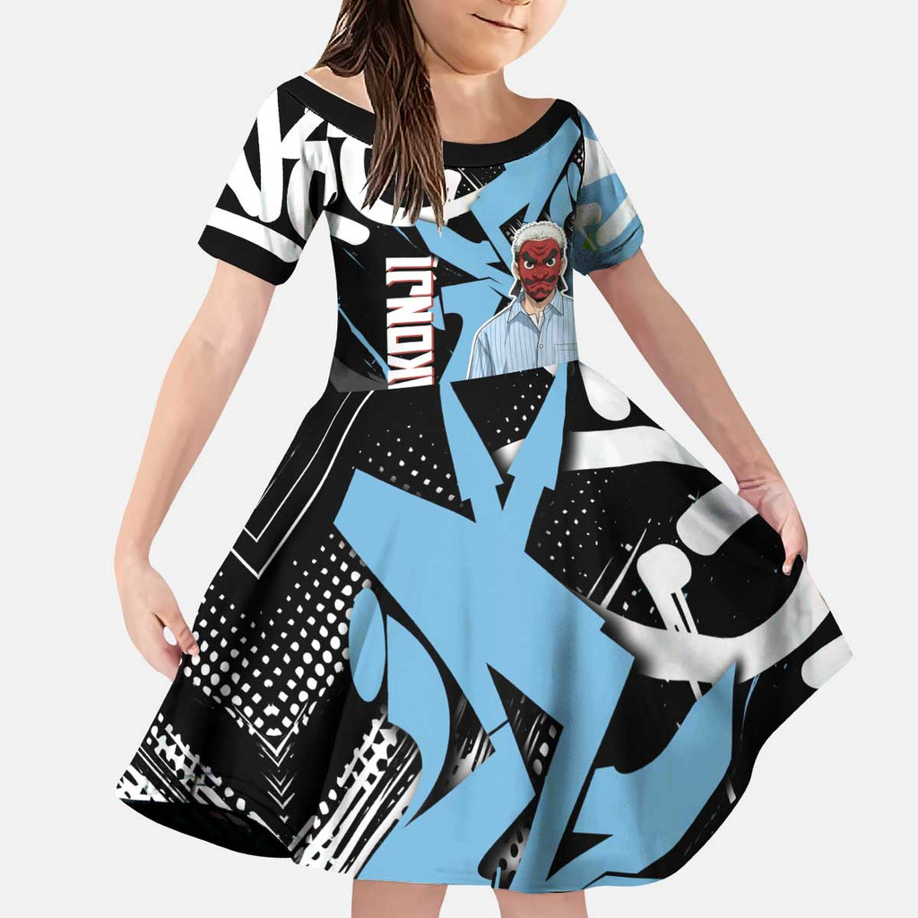 Sakonji Demon Slayer Kid Short Sleeve Dress Blue Graffiti Anime Style