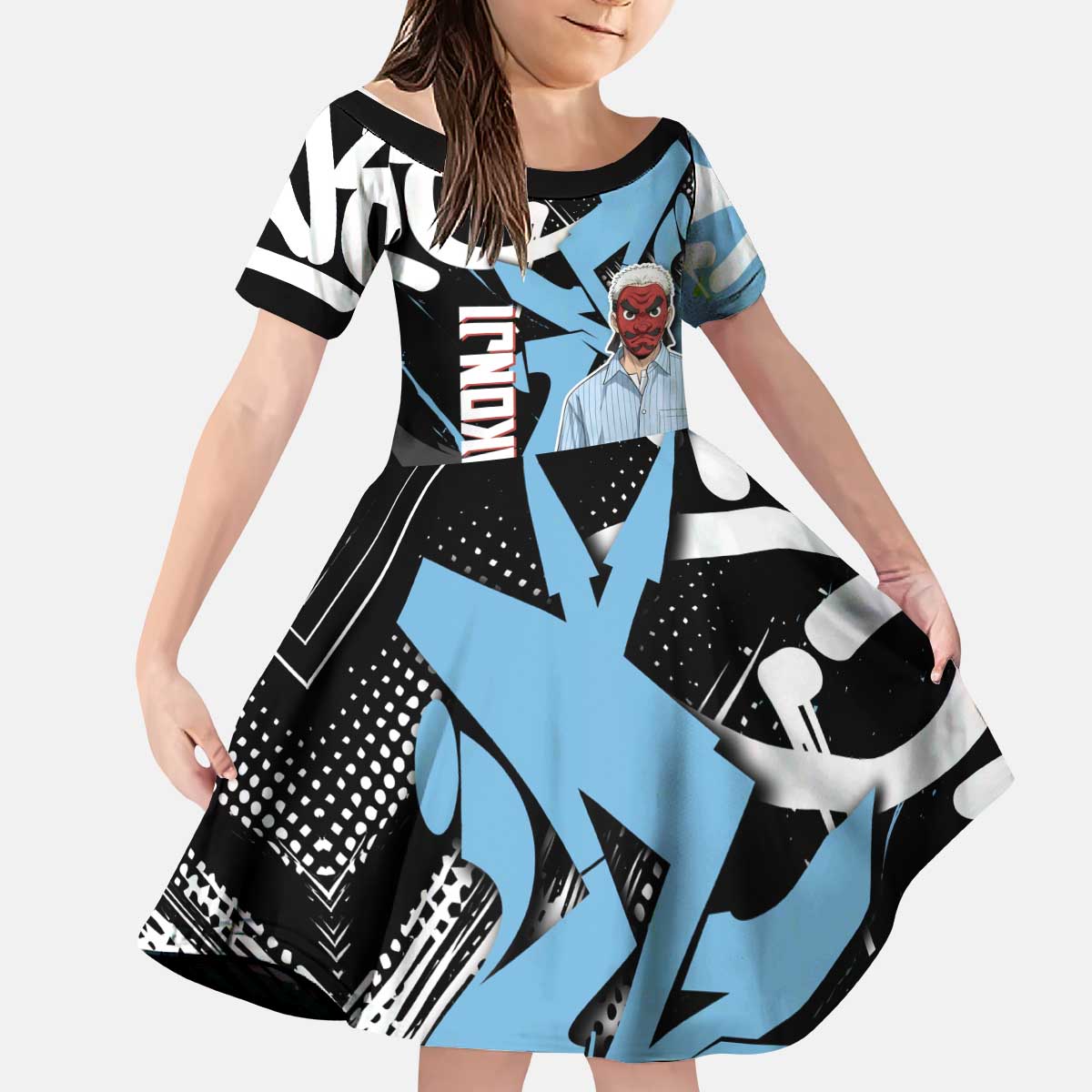 Sakonji Demon Slayer Kid Short Sleeve Dress Blue Graffiti Anime Style