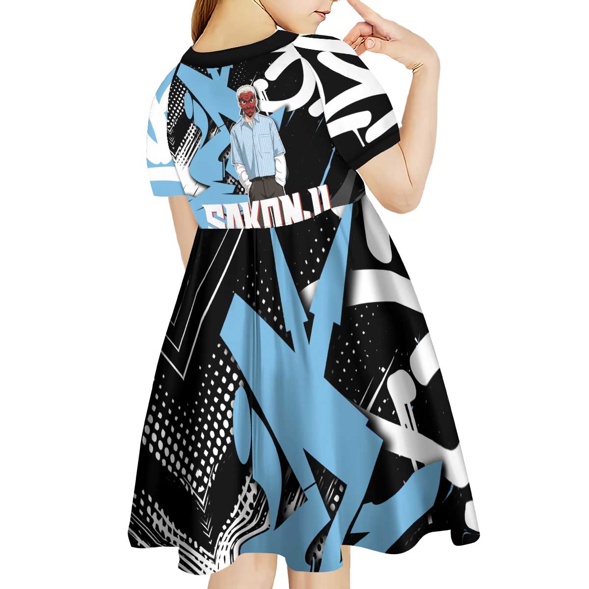 Sakonji Demon Slayer Kid Short Sleeve Dress Blue Graffiti Anime Style