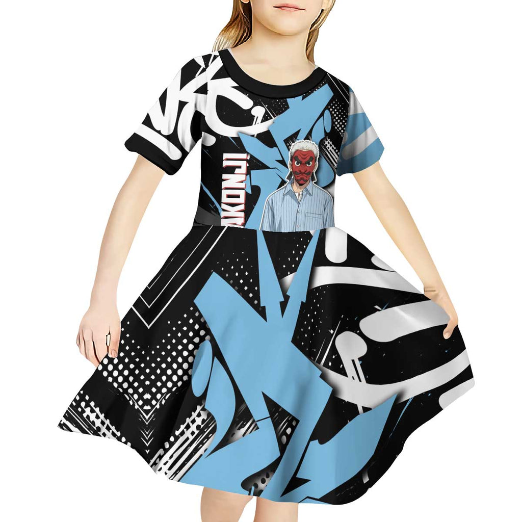 Sakonji Demon Slayer Kid Short Sleeve Dress Blue Graffiti Anime Style
