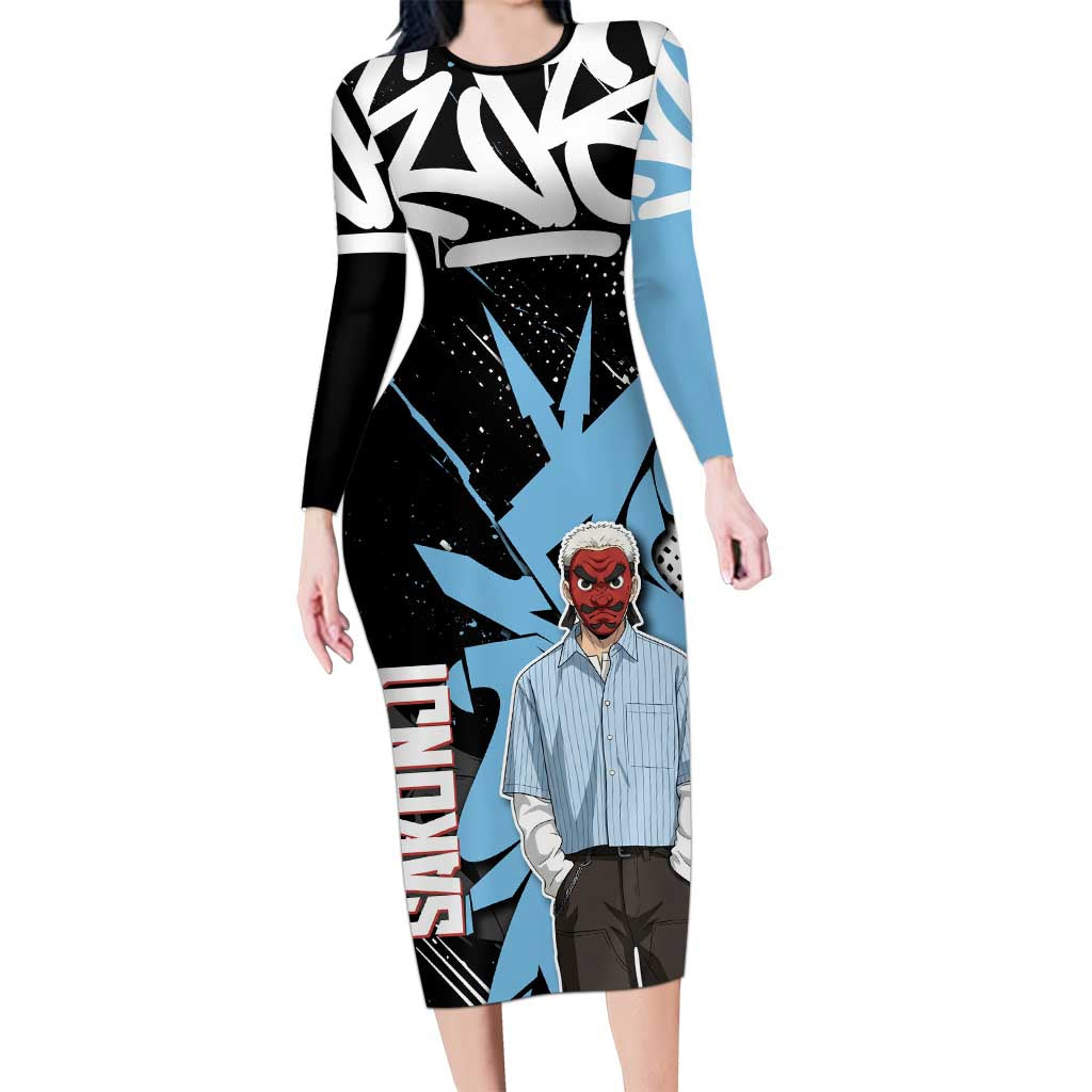 Sakonji Demon Slayer Long Sleeve Bodycon Dress Blue Graffiti Anime Style