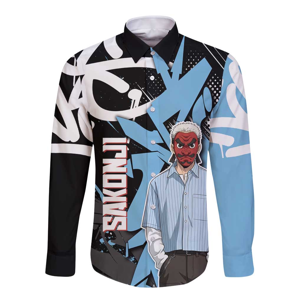 Sakonji Demon Slayer Long Sleeve Button Shirt Blue Graffiti Anime Style