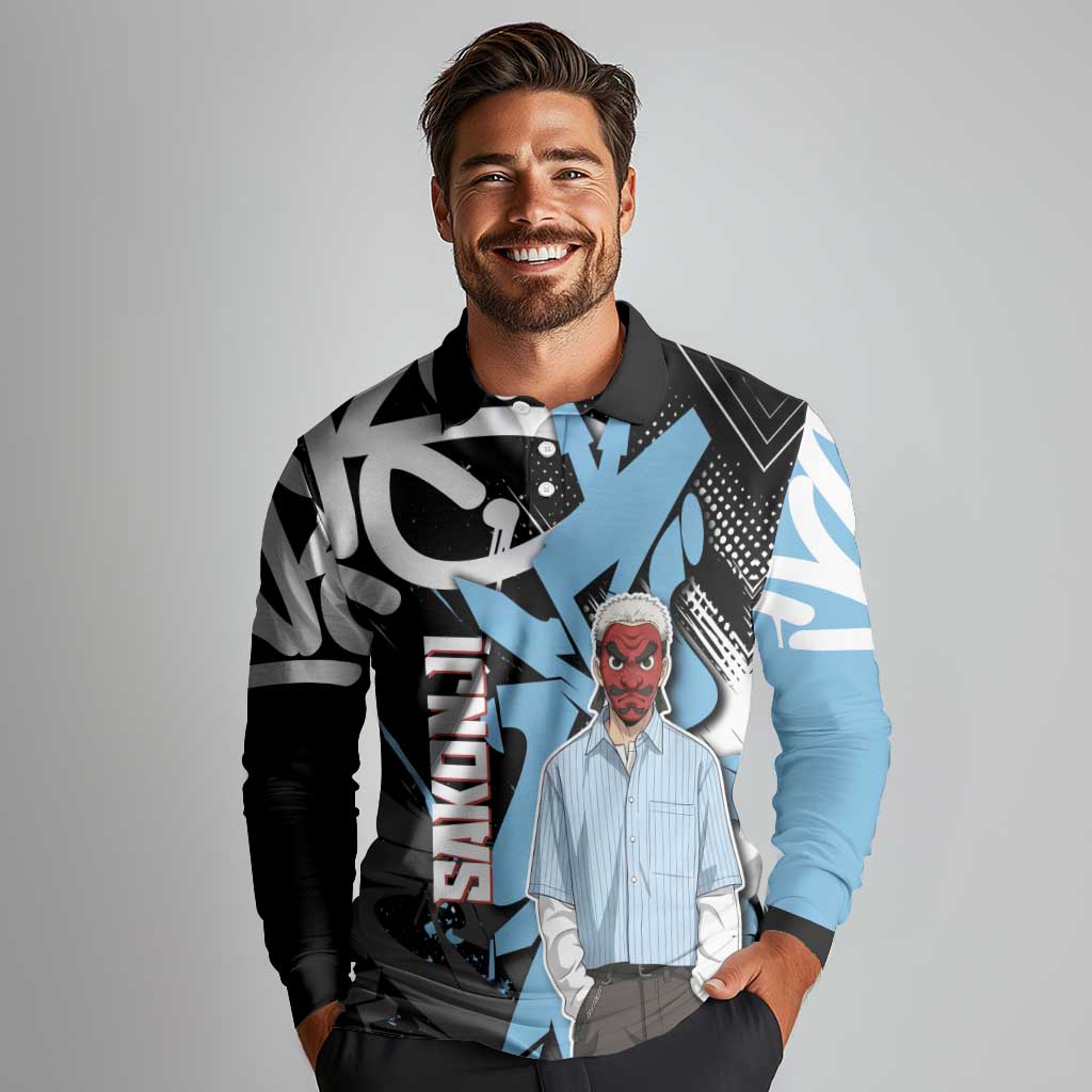 Sakonji Demon Slayer Long Sleeve Polo Shirt Blue Graffiti Anime Style