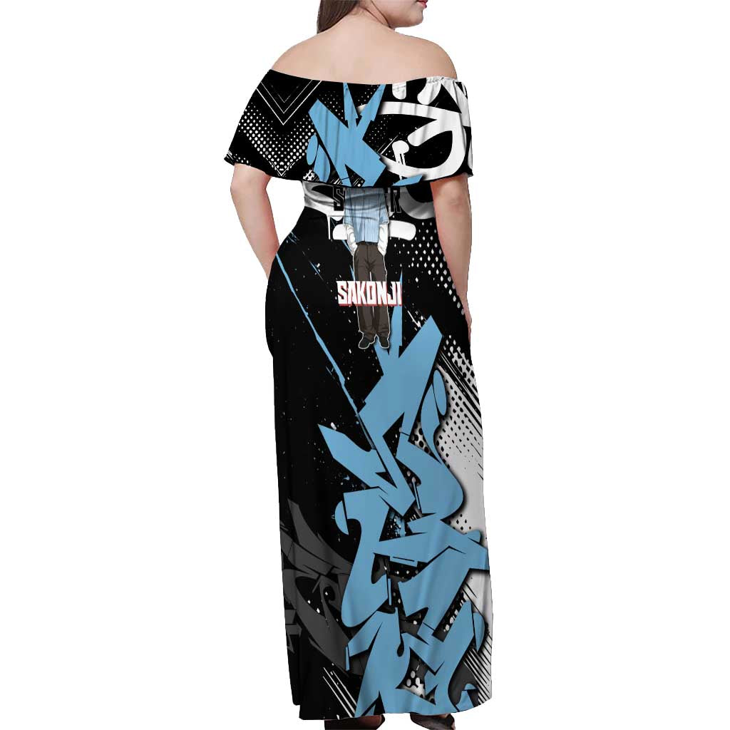 Sakonji Demon Slayer Off Shoulder Maxi Dress Blue Graffiti Anime Style