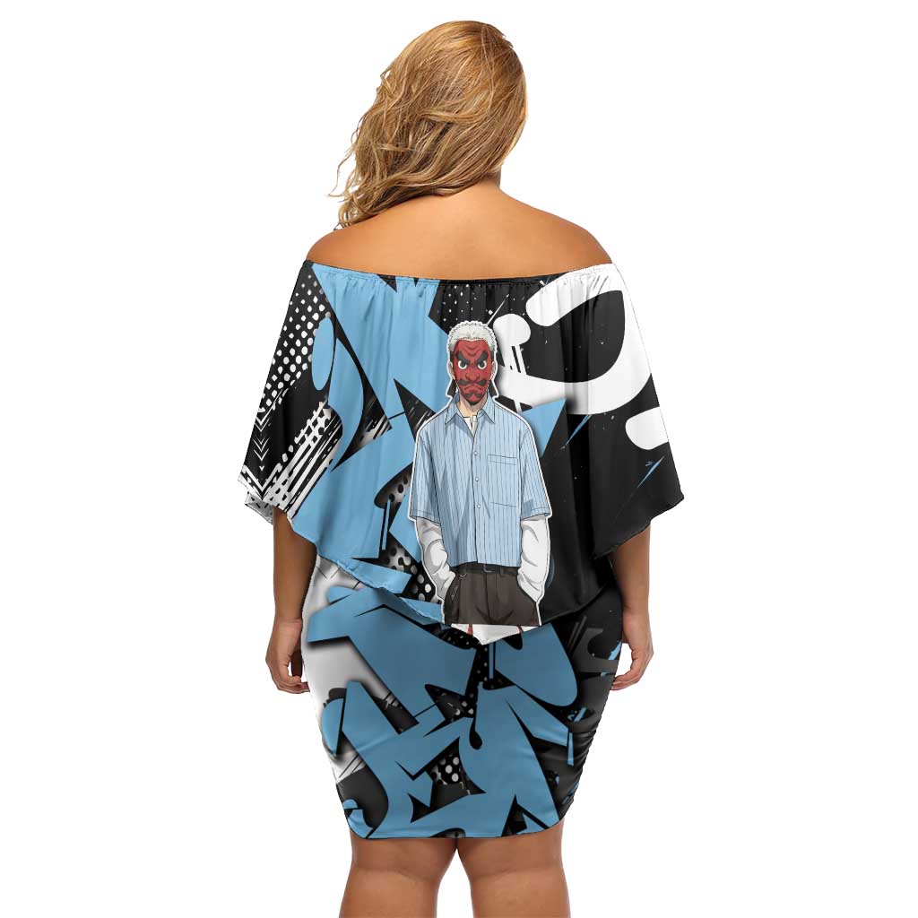 Sakonji Demon Slayer Off Shoulder Short Dress Blue Graffiti Anime Style