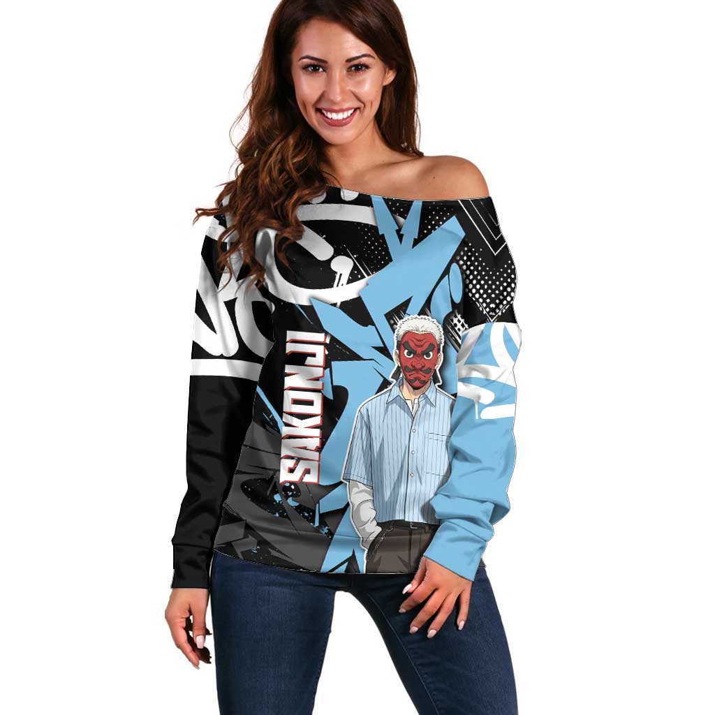 Sakonji Demon Slayer Off Shoulder Sweater Blue Graffiti Anime Style