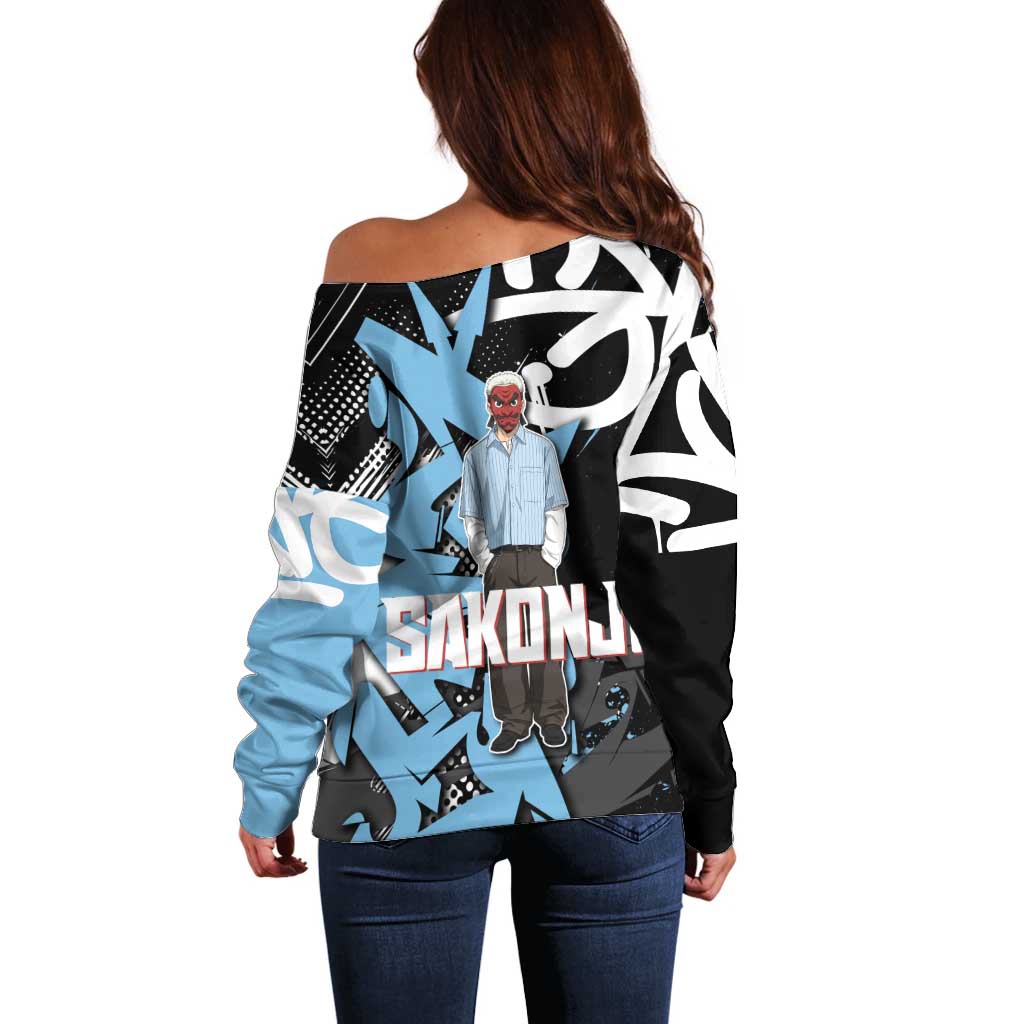Sakonji Demon Slayer Off Shoulder Sweater Blue Graffiti Anime Style