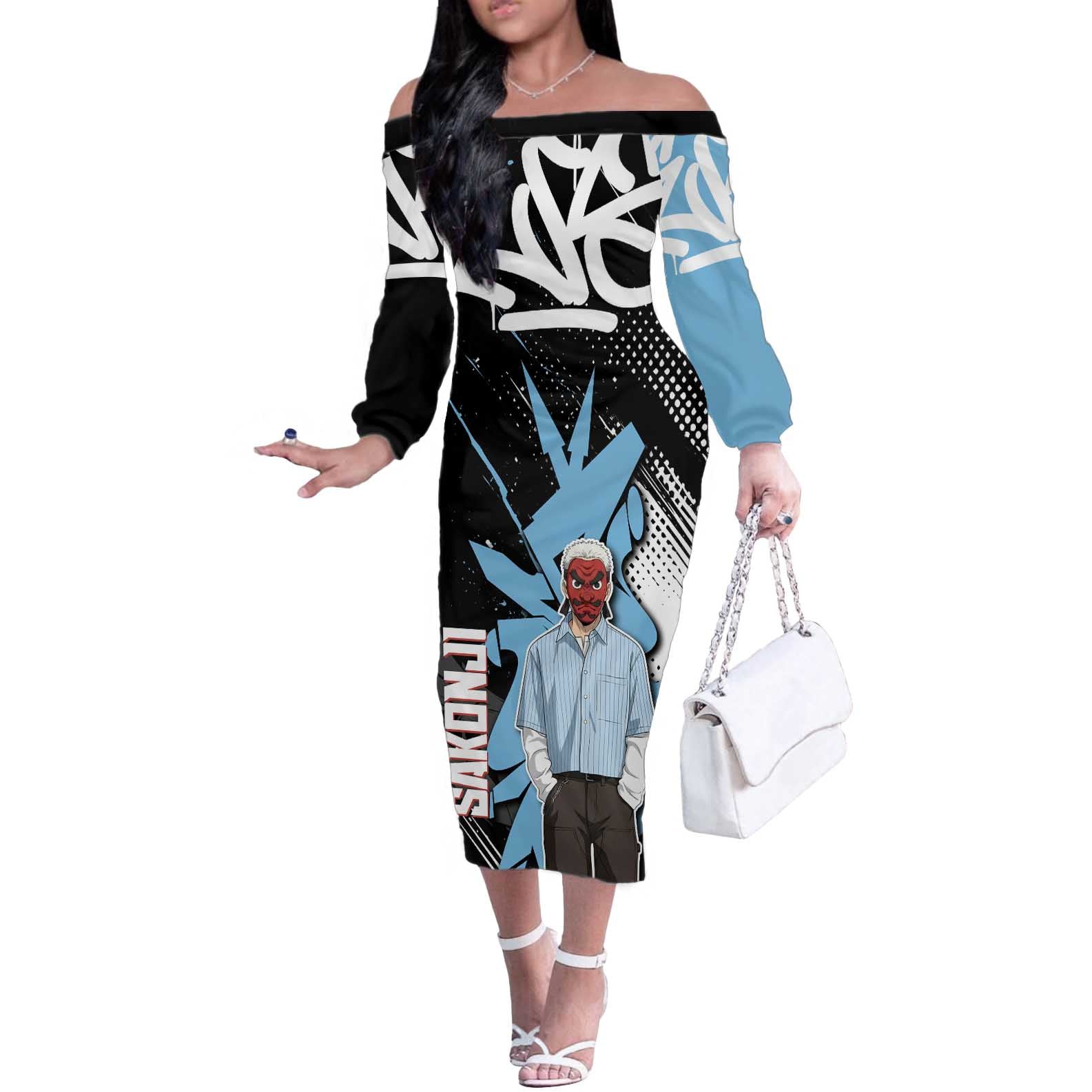 Sakonji Demon Slayer Off The Shoulder Long Sleeve Dress Blue Graffiti Anime Style