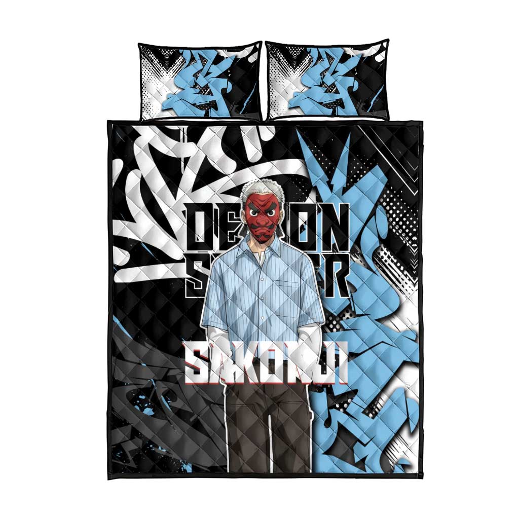 Sakonji Demon Slayer Quilt Bed Set Blue Graffiti Anime Style