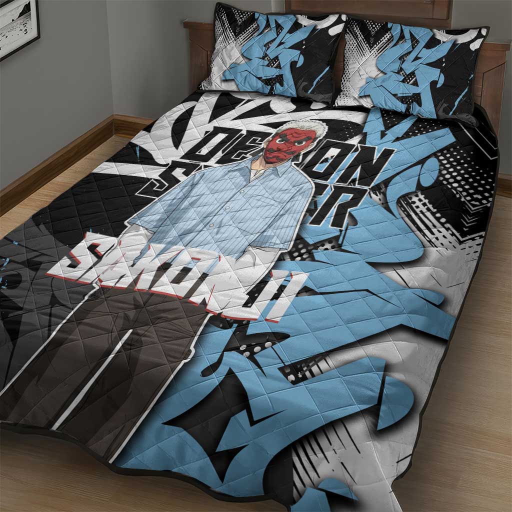 Sakonji Demon Slayer Quilt Bed Set Blue Graffiti Anime Style
